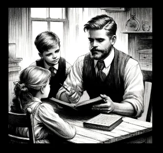 What I teach my kids about money. Illustration of father educating children.